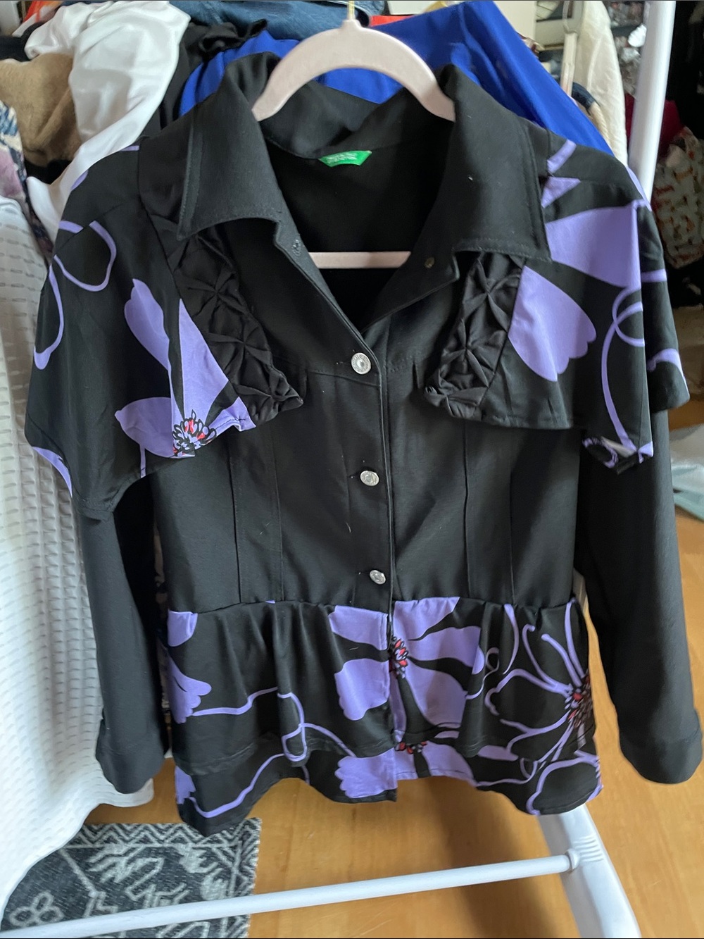 Vintage United Colors Of Benetton Black Ruffled Jacket with Purple Floral Accent